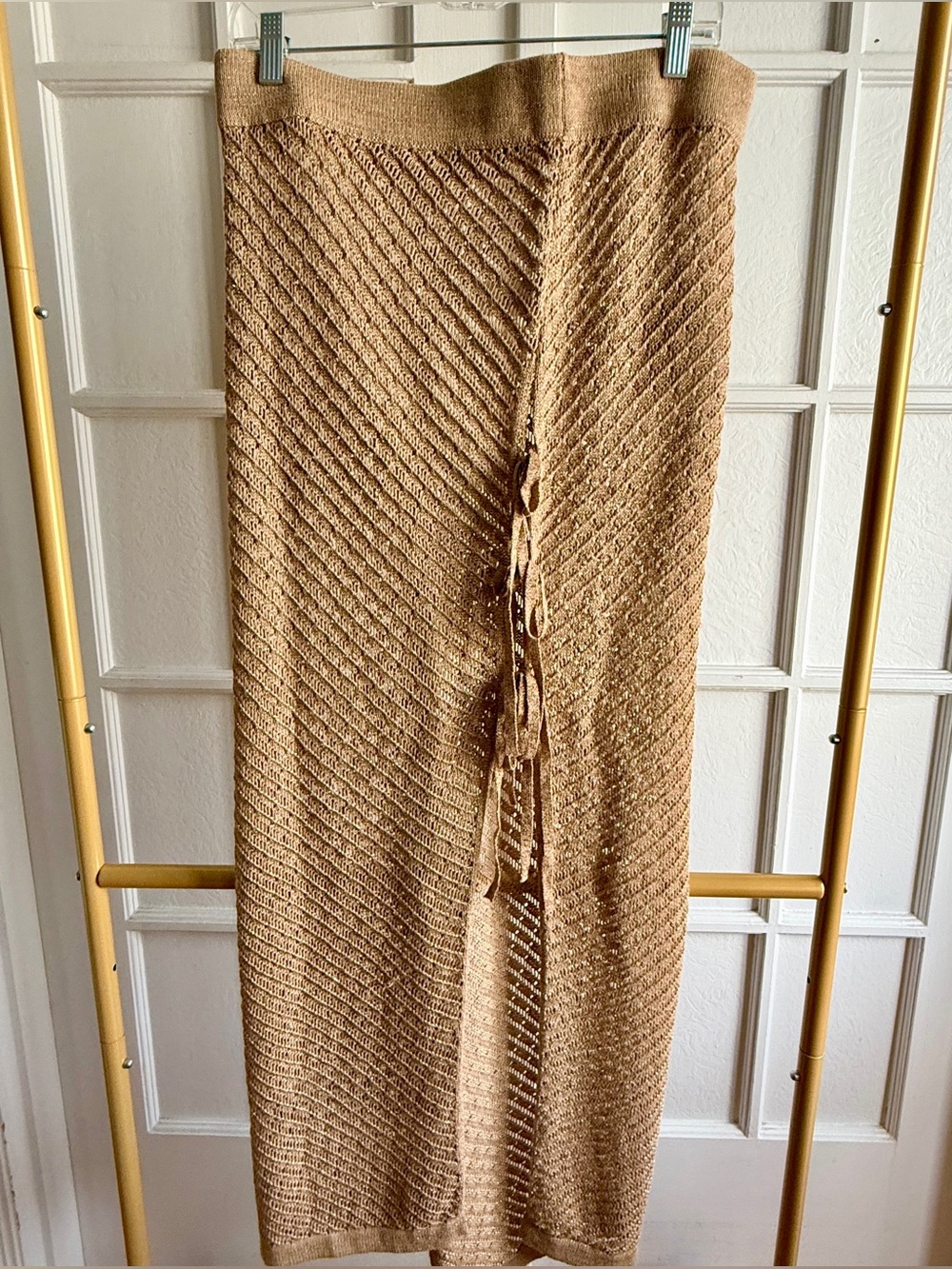 Dotti Shimmery Metallic Open Knit Maxi Cover Up Skirt XL Light Taupe NWT